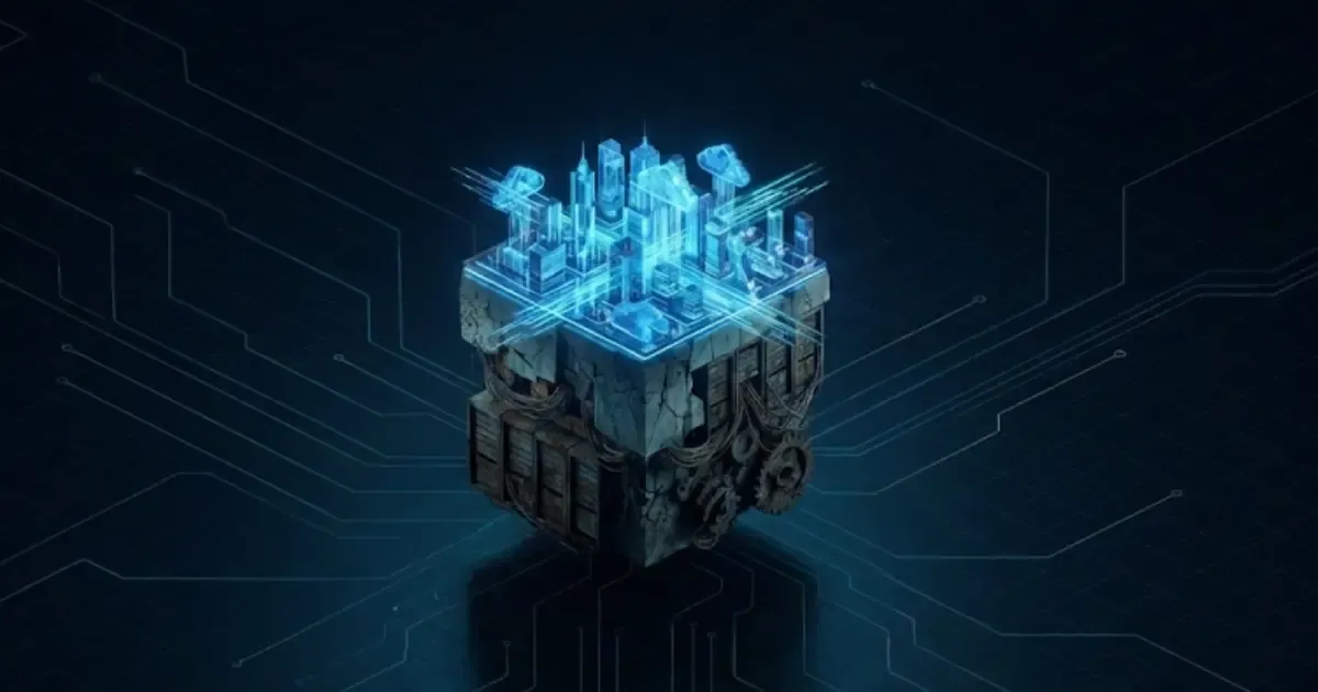 Isometric 3D visualization of the migration iceberg effect, showing a glowing cloud-native city on top of a crumbling monolithic foundation representing architectural debt.