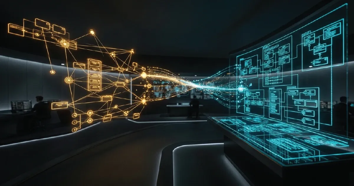 Futuristic command center visualizing the integration of ArchiMate strategic nodes and UML technical blueprints for enterprise architecture standardization.