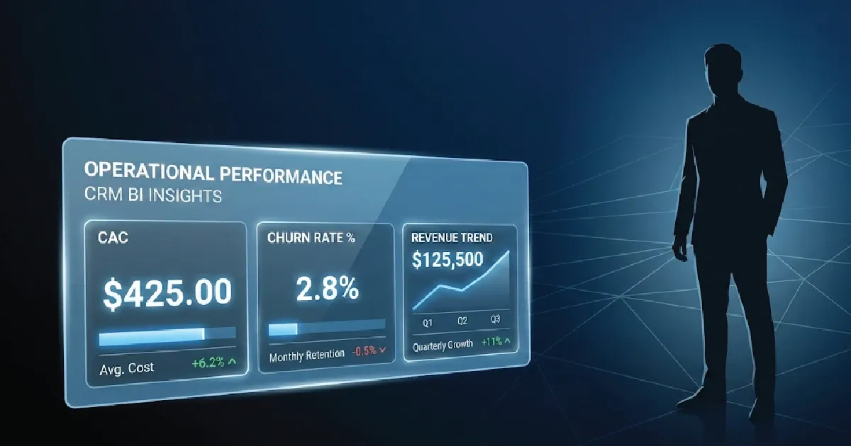 Professional executive silhouette viewing a futuristic semi-transparent dashboard with CRM BI and Power BI KPI widgets for CAC, churn rate, and revenue trends.