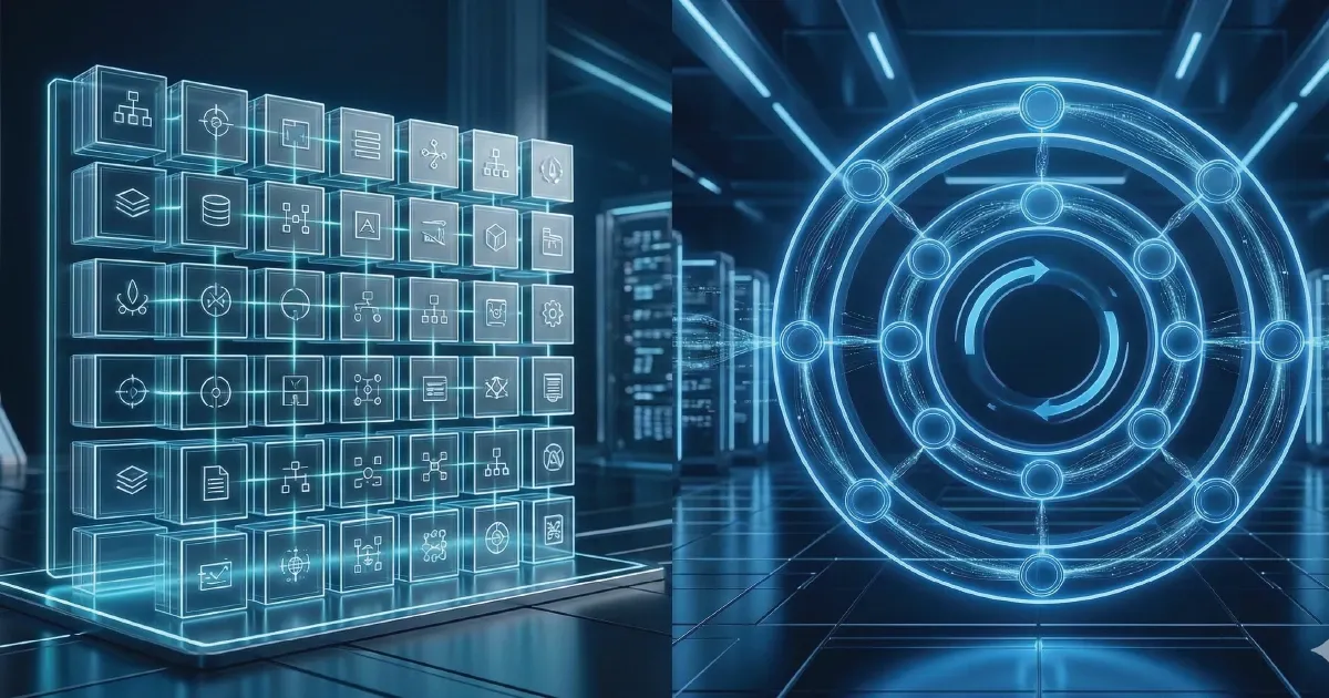Comparison of the Zachman Framework structured matrix and TOGAF iterative process loops in a neon blue corporate data center, illustrating Enterprise Architecture methodologies.