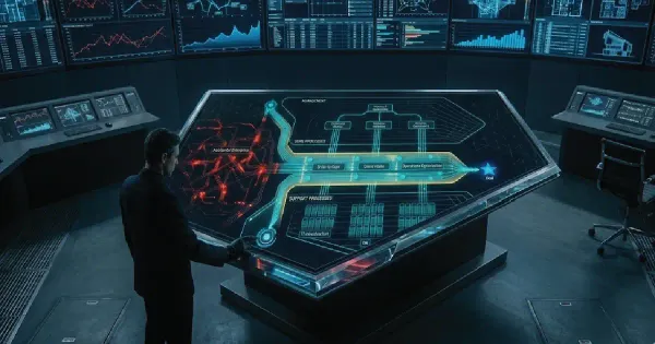 Wide view of a CEO at a futuristic command table, orchestrating a hierarchical business process architecture blueprint to eliminate operational rot and align global data flows.
