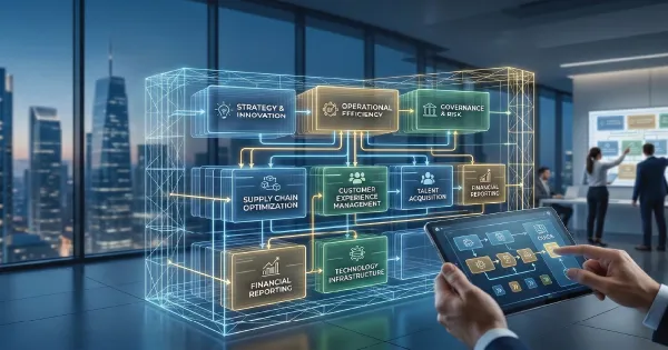 3D Business Process Architecture Framework (BPA framework) holographic cube showing strategic and operational modules in a corporate office. Hands hold a tablet in the foreground.