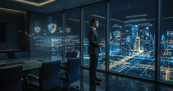 Executive looking at a digital holographic data grid representing a common security framework and corporate cyber governance.