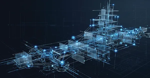 Futuristic digital blueprint with glowing blue nodes and lines, representing a complex and scalable tech startup architecture.